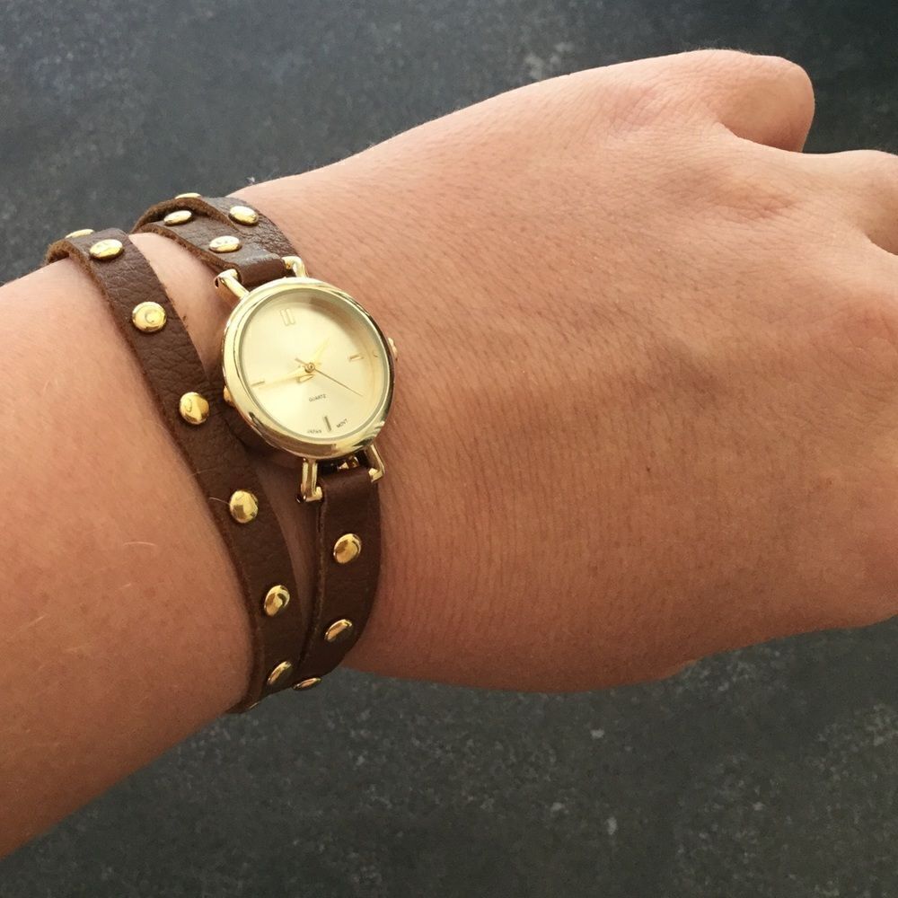 Leather stud wrap around watch bracelet gold